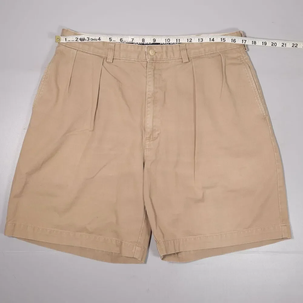VTG Polo Ralph Lauren Classic Golf Shorts Pleated Beige Cotton Mens 34 x 8